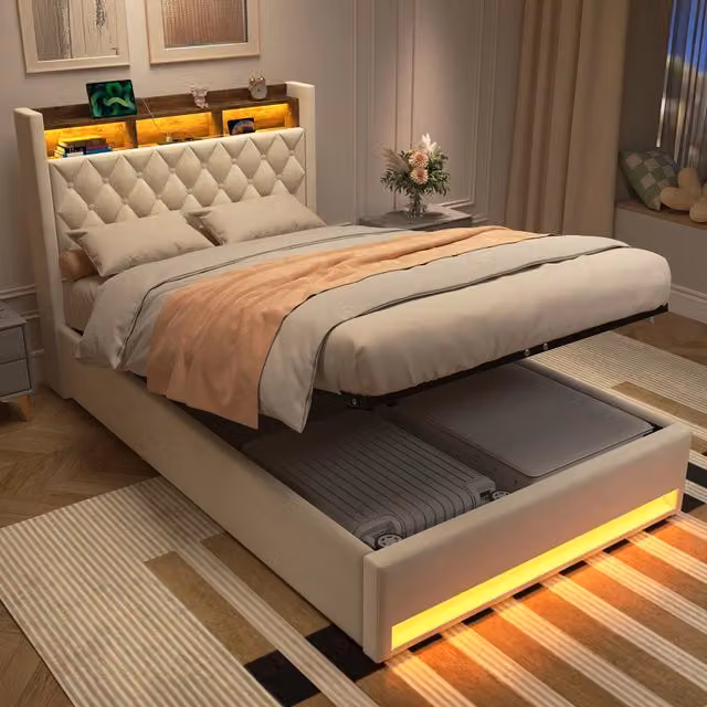 Letto Imbottito 140x200 cm Beige in Velluto con Rete a Doghe
