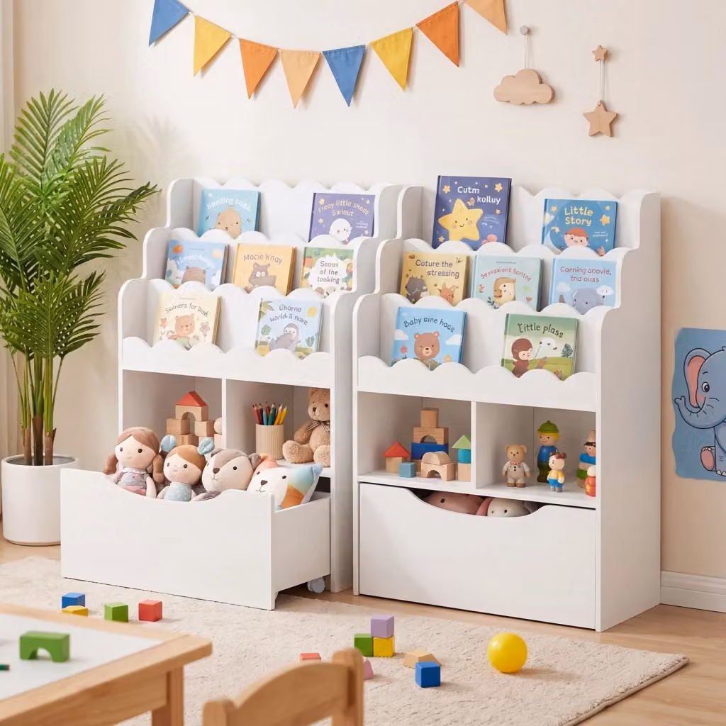 Libreria per bambini DESIGN IN con 3 ripiani, 2 scomparti aperti e cassetto su ruote, Bianco – 2
