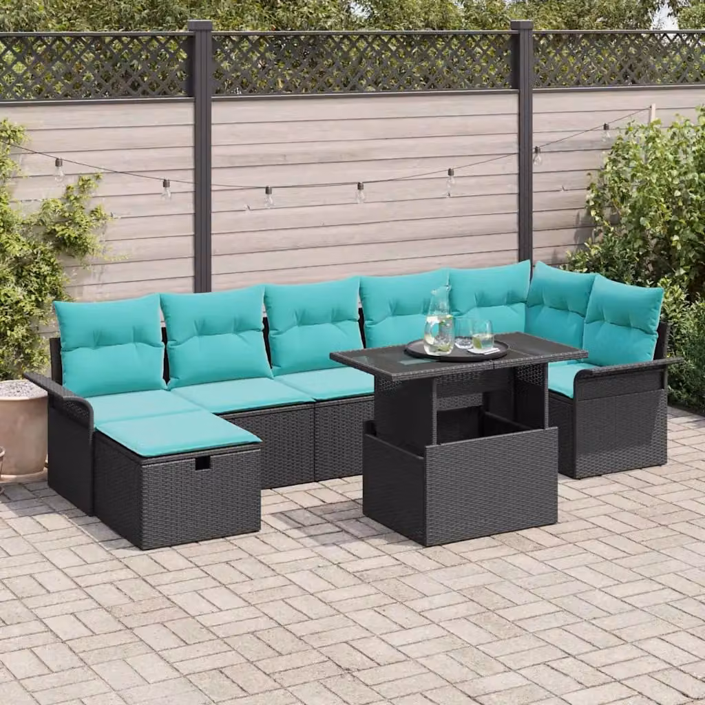 Set Divano da Giardino L-Shape vidaXL 8 Pezzi con Tavolino e Cuscini, Colore Nero e Turchese, Struttura in Acciaio e Polyrattan