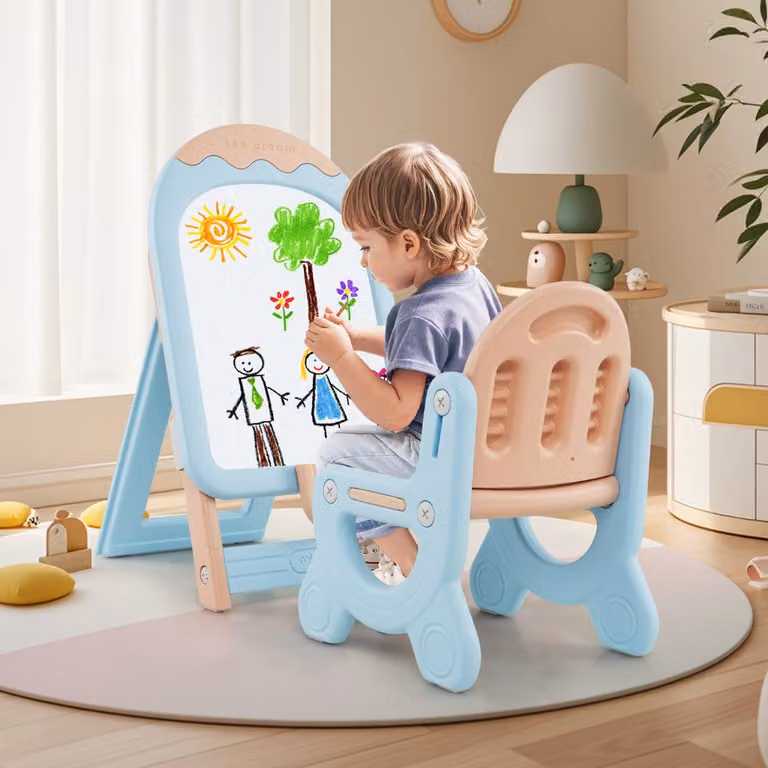 Cavalletto da disegno regolabile e pieghevole Costway con lavagna, scatola portaoggetti e sedia per bambini, Blu e Bianco
