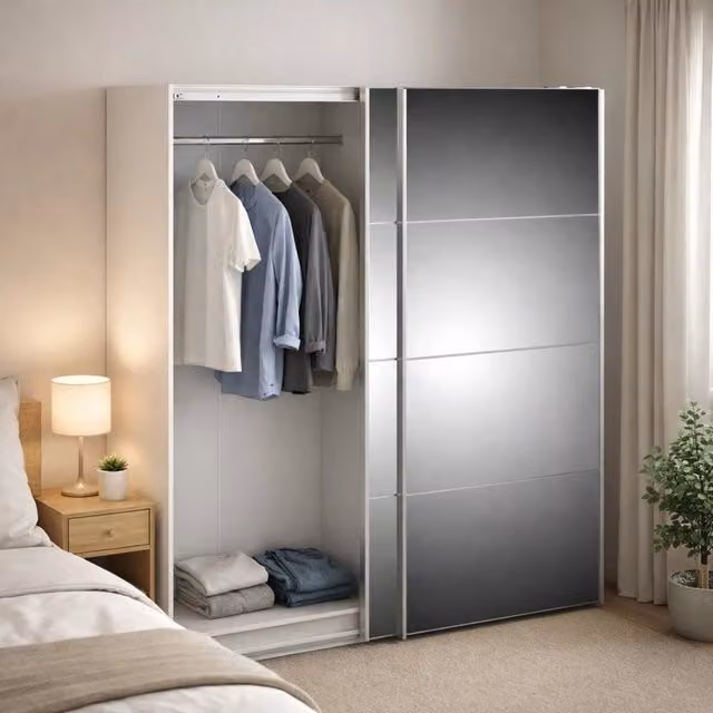 Armadio con ante scorrevoli DMORA per camera da letto, bianco lucido, L: 182 cm, P: 64 cm, H: 201,5 cm