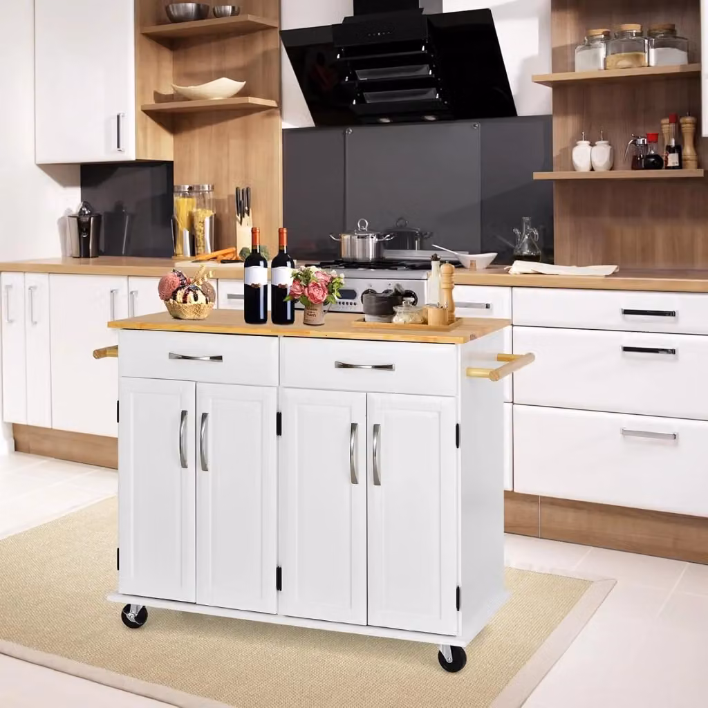 Carrello da Cucina Isola con Piano in Legno di Gomma e 4 Ante con Ripiani Regolabili e Porta Asciugamani, Bianco, L/P/H: 122 x 48 x 93 cm – 2