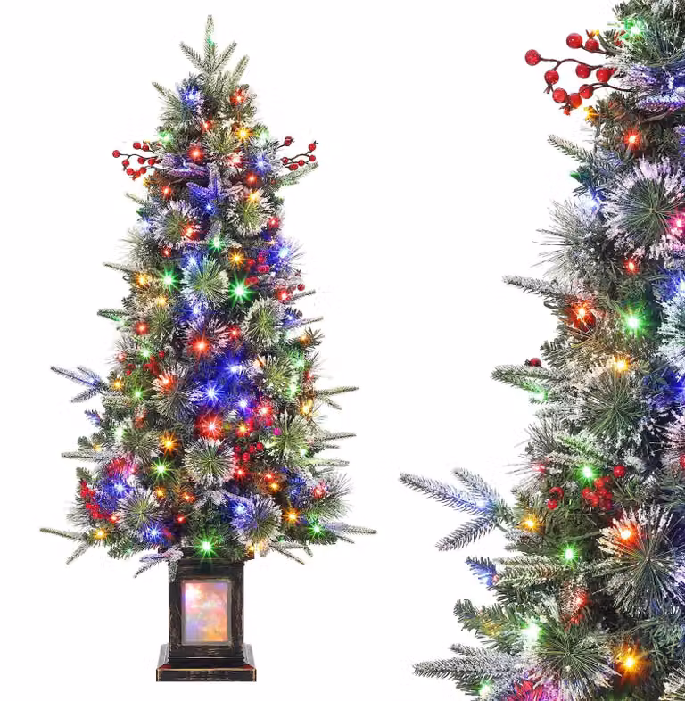 Albero di Natale artificiale, innevato, 120 cm (3.0 piedi), con fusto denso simile a un abete/pino, dotato di luci LED (bicolore/bianco caldo), con punte delle foglie innevate. Montaggio a cerniera, con supporto in metallo