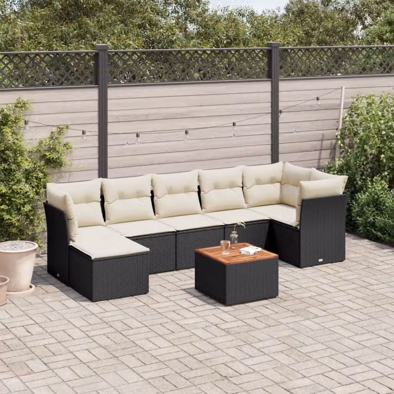 Set Divani da Giardino vidaXL in Polyrattan Nero con Cuscini e Tavolino da Esterno 8 pz