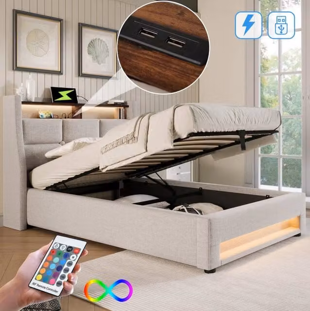 Letto contenitore 90x200 cm rivestito in lino beige con USB e LED, senza materasso