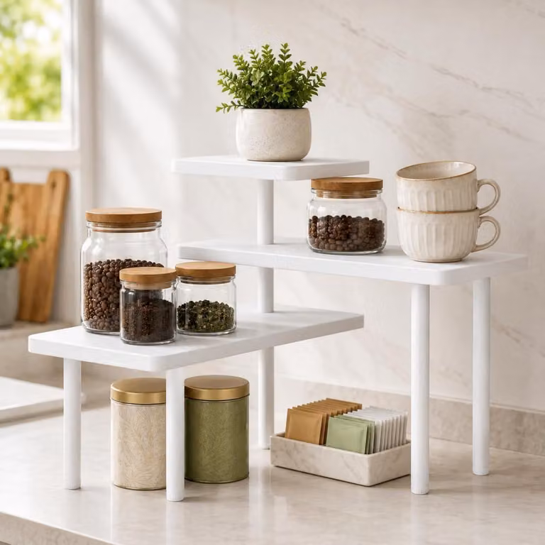 Ripiano per cucina, piano di lavoro, 3 livelli, bianco, scaffale angolare, organizer per angolo caffè