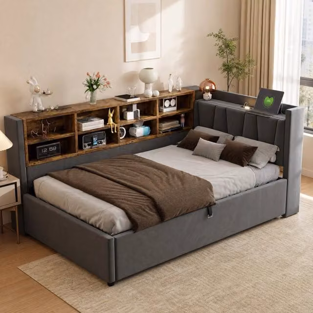 Letto imbottito 90×200 cm in velluto grigio con vano idraulico, luce e ricarica USB-C