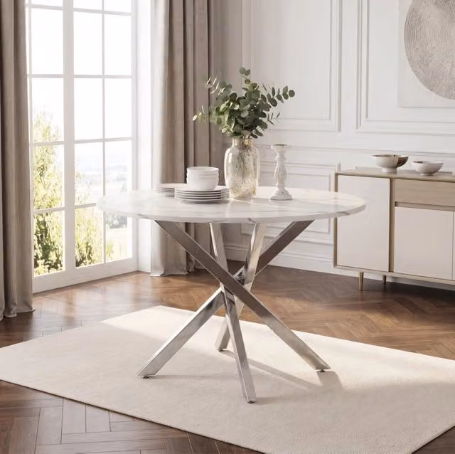 Tavolo da pranzo rotondo 80 cm in MDF effetto marmo, bianco e argento