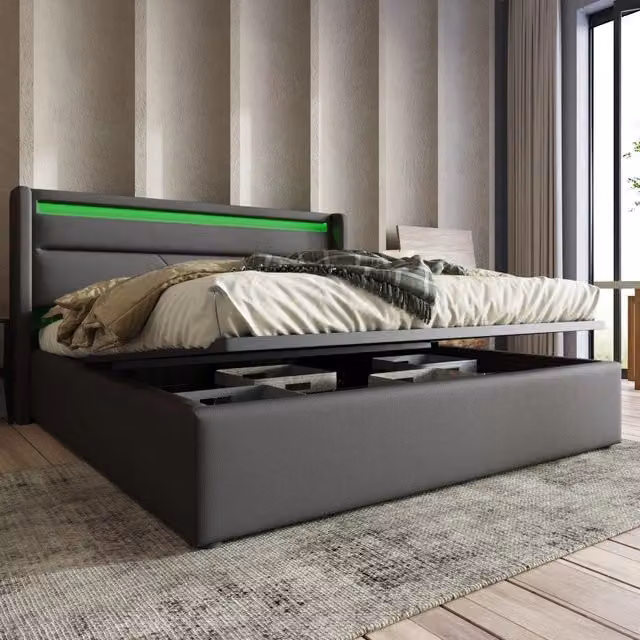 Letto Contenitore REDOM in ecopelle Grigio con illuminazione LED, L/P/H: 140 x 200 x 146 cm