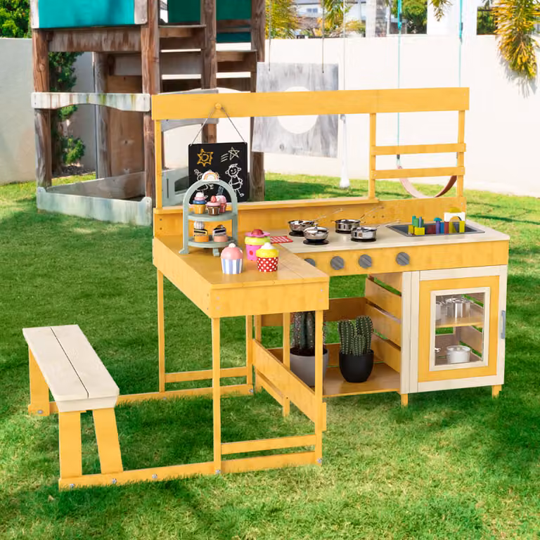 Set gioco cucina da giardino Costway con tavolo da picnic e sabbiera in legno di abete naturale per bambini