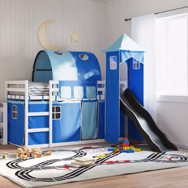 Letto a castello per bambini vidaXL in legno di pino con scivolo e tende blu L 200 cm x P 90 cm x H 205,5 cm – 1