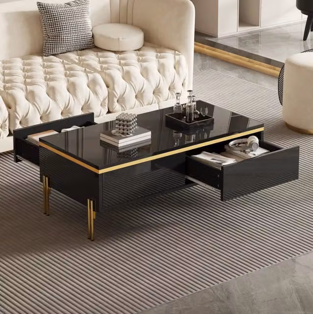 Tavolino da salotto ULEVR 100x50x36 cm con 2 cassetti nascosti, pannello truciolare nero lucido e gambe in metallo