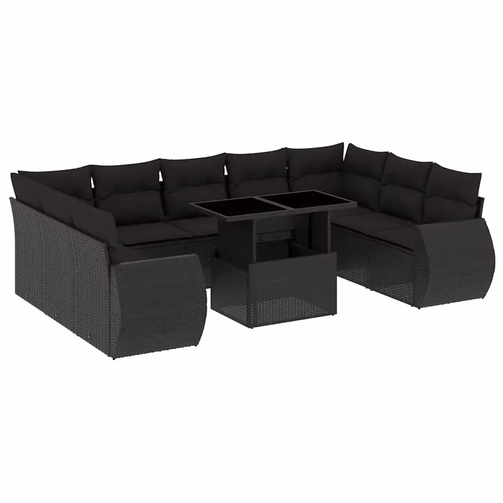 vidaXL Set Divani da Giardino 10pz in Polyrattan Nero con Cuscini Imbottiti e Tavolino – 2