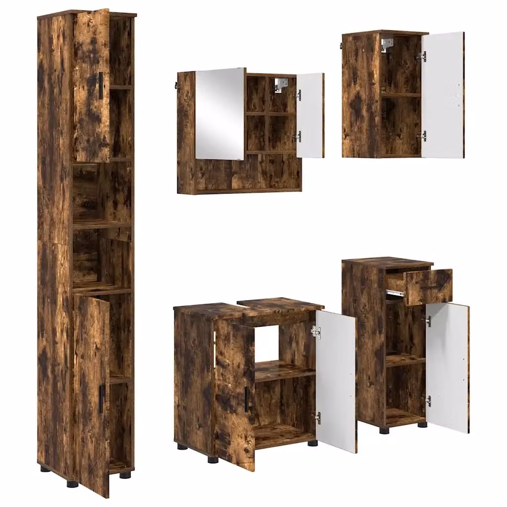 Set di mobili da bagno moderno vidaXL in 5 pezzi color rovere marrone con specchio e armadietto L: 61 cm, P: 35 cm, H: 64 cm – 2