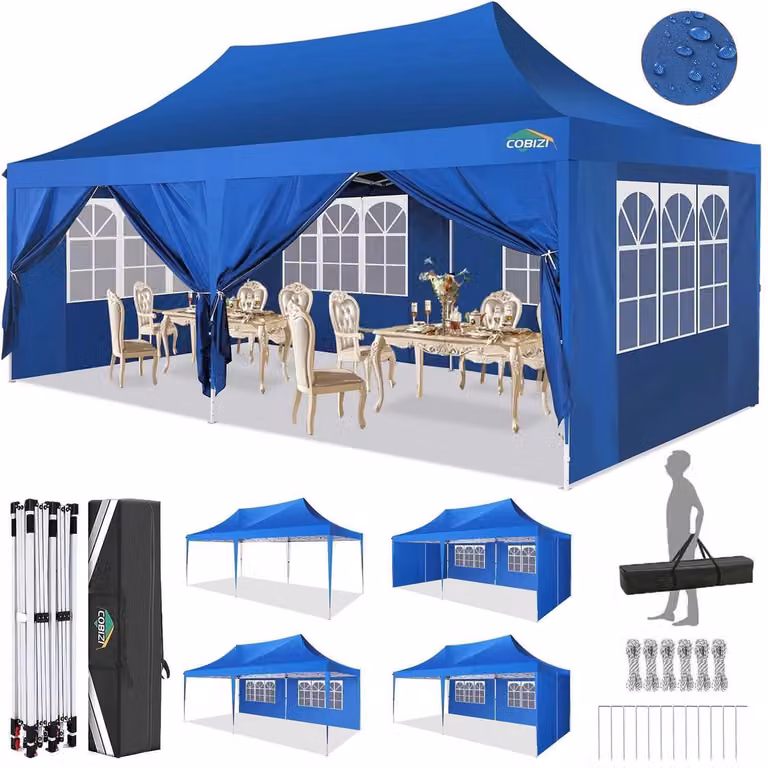 Gazebo da esterno 3x6 metri, colore blu chiaro, impermeabile, stabile, con 6 pannelli laterali, protezione UV UPF50+, altezza regolabile da 300 a 320 cm