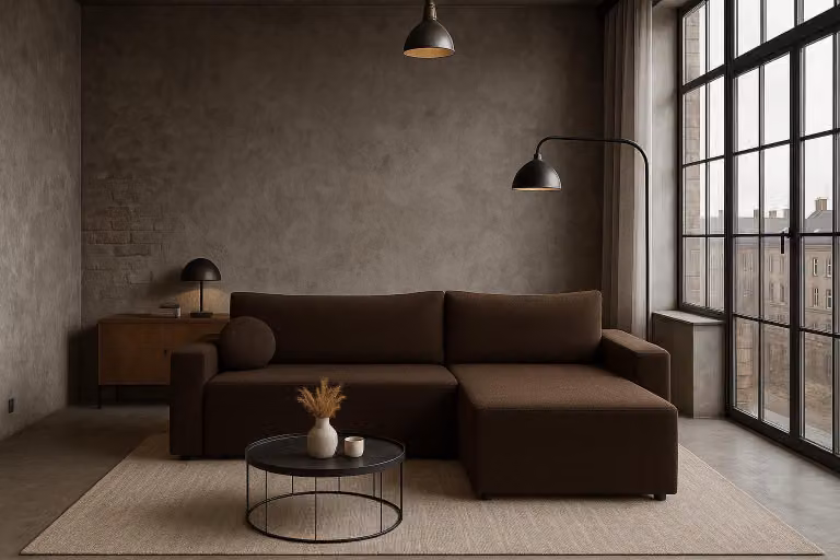 Divano ad angolo Sofello BELLA MARRONE Bouclé: design elegante e funzionalità. Funzione letto e capiente contenitore, cuscini rotondi in omaggio, superficie di riposo: 191/200 cm