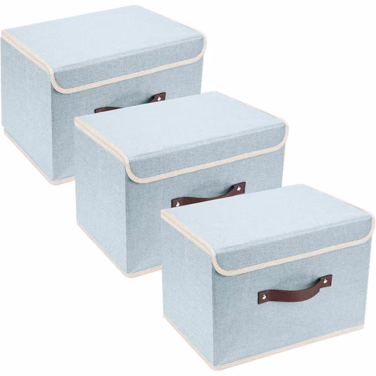 Contenitore pieghevole con coperchio, in tessuto, lavabile, set da 3, dimensioni 38x25x25 cm, colore: Aqua Spring