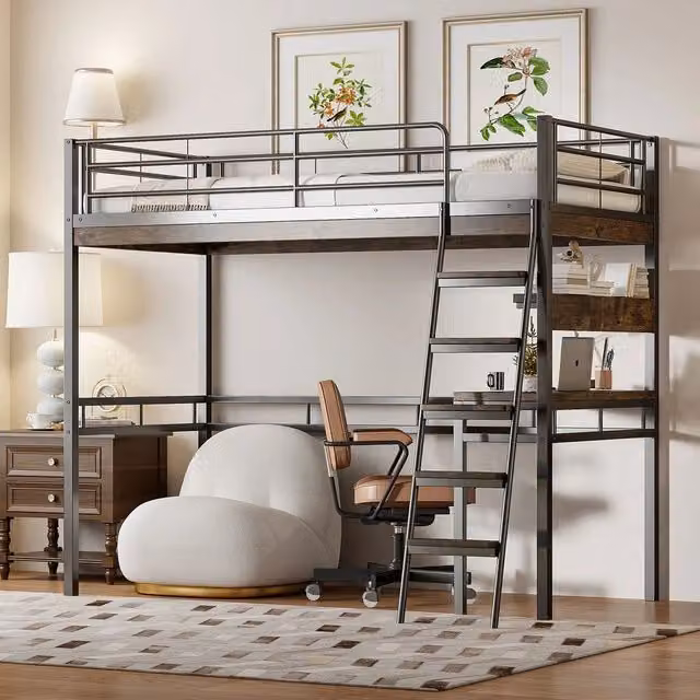 Letto a soppalco ¨C Minimal ¨C Nero metallo 90x200cm con scrivania, mensole, parapetto, scala
