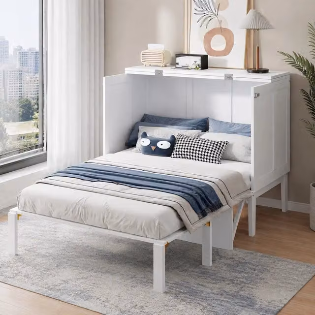 Letto a scomparsa verticale 90x200 cm bianco; design salvaspazio in legno