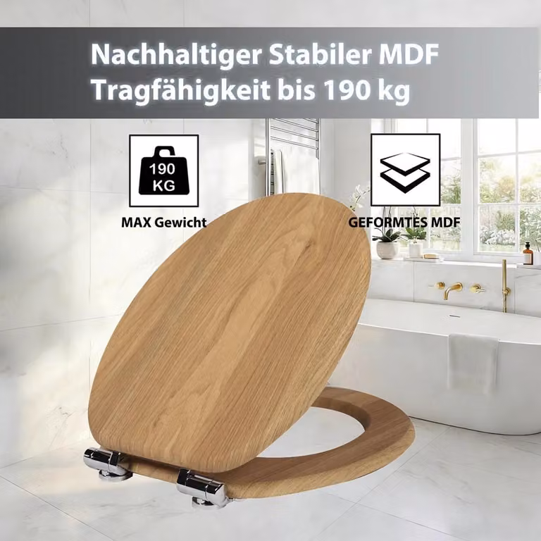 Copriwater W121 - In legno - Con sistema di chiusura rallentata - Cerniere in lega di zinco - Resistente fino a 190 kg - Adatto per WC con dimensioni di 45,7 cm - Colore: W121
