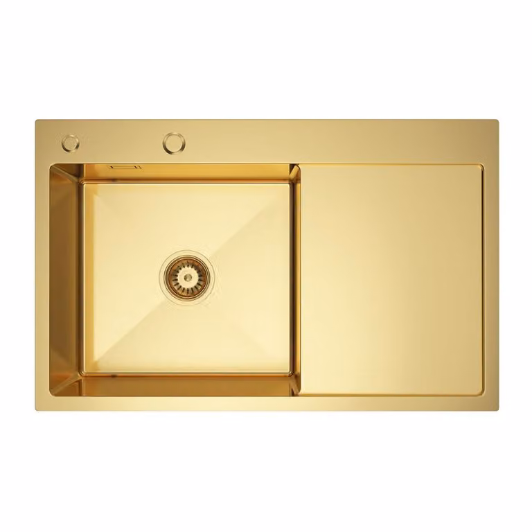 VBChome Lavello da cucina 78×49 cm in acciaio inossidabile color oro con sgocciolatoio a destra – Lavello a vasca singola da incasso, profondità 21 cm, mobile sottolavello minimo 50 cm
