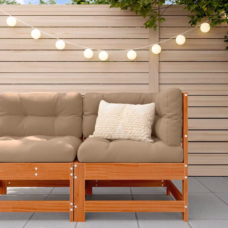 vidaXL Divano Angolare da Giardino Moderno in Legno di Pino con Cuscini Beige e Marrone