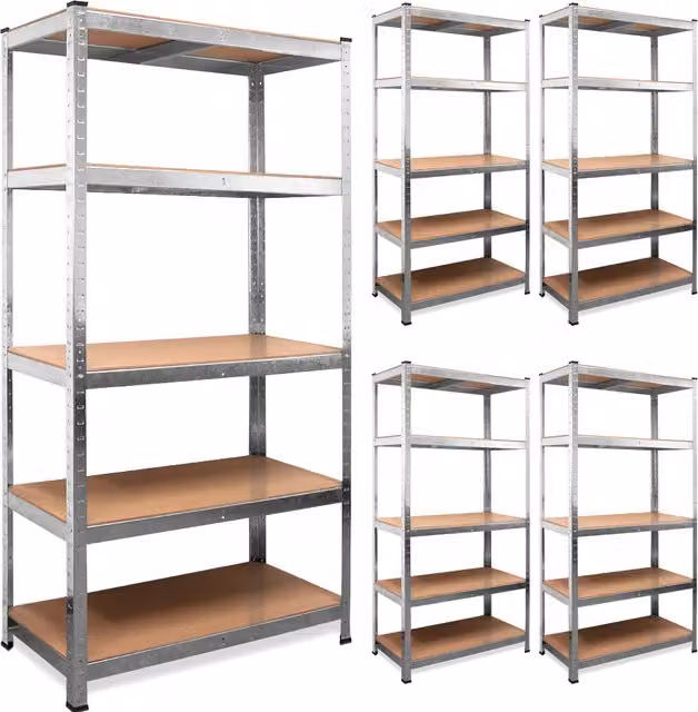 Set di 5 scaffali Deuba ad alta portata in metallo e MDF, colore argento, con ripiani regolabili, H 180 cm x L 90 cm x P 40 cm