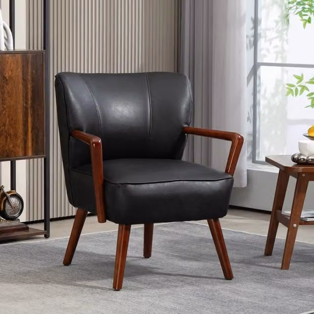 Poltrona imbottita REDOM in ecopelle nera con braccioli e struttura in legno stile mid-century L/P/H: 71 x 68 x 57 cm – 1
