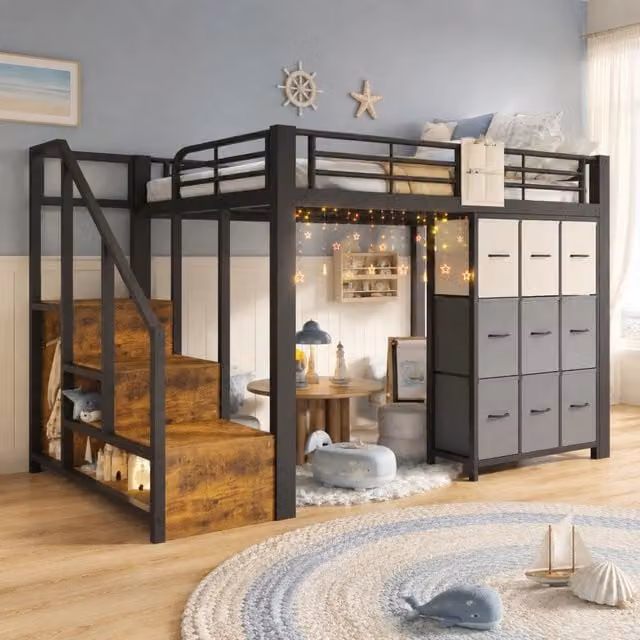 Letto a soppalco in metallo 140×200 cm con cassetti, appenderia, ringhiera e scala con spazio contenitivo, nero