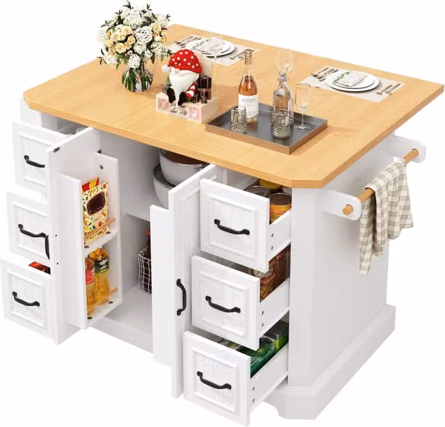 Isola cucina mobile in MDF e metallo con piano di lavoro, 120 x 45 x 91 cm, 2 ante e 6 cassetti