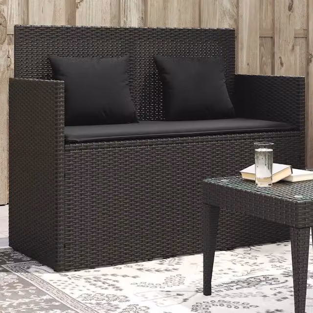 Panca da Giardino con Cuscini-Sgabello-Panca da esterno Nera in Polyrattan 540942