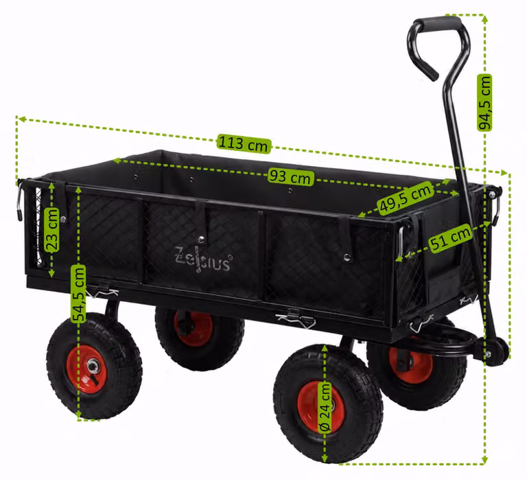 Zelsius, carrello portante, capacità di carico 350 kg, volume 105 litri, colore nero/rosso, carrello a mano con pneumatici, carrello per il trasporto