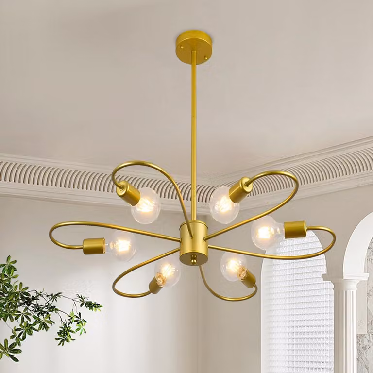 Lampada a sospensione Sputnik a 6 luci, con altezza regolabile, color oro, ideale per soggiorno e sala da pranzo