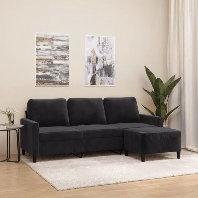Divano a 3 posti moderno vidaXL in velluto nero con poggiapiedi coordinato L: 198 cm, P: 80 cm, H: 77 cm – 1