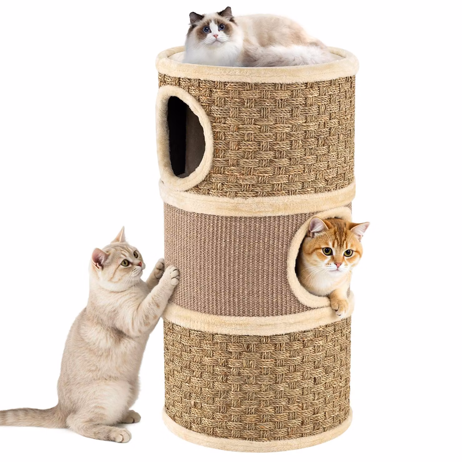COSTWAY tiragraffi, Ø 36 cm, 70 cm, tiragraffi a 4 livelli con corda in seagrass, tiragraffi in sisal, 3 grotte, letto in peluche & bordo in peluche, per gatti fino a 15 kg