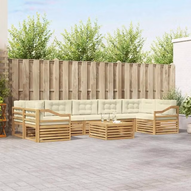 Set di divani da esterno a forma di U con tavolino da caffè vidaXL, 8 pezzi, Bianco e Beige, in legno di acacia con cuscini inclusi