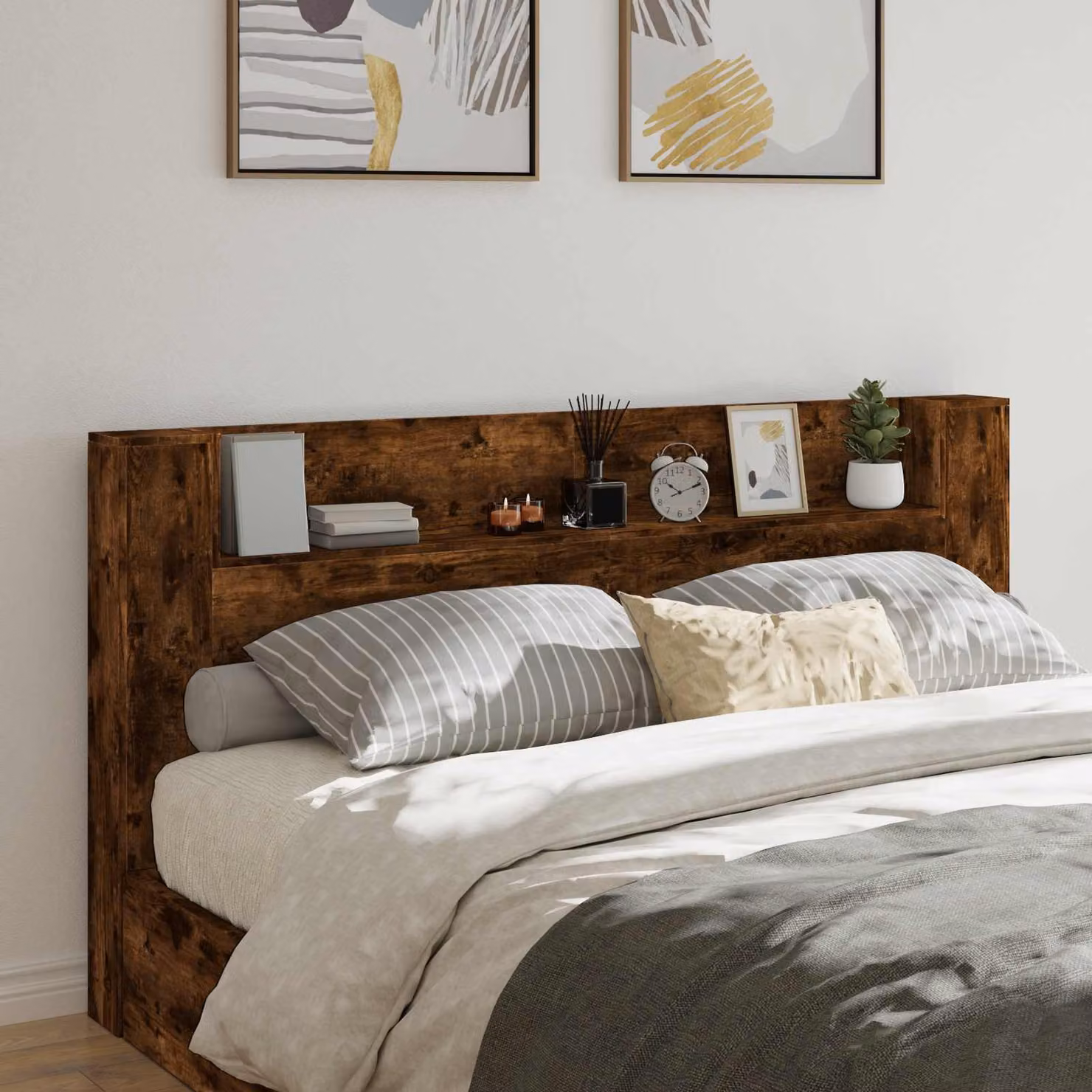 Testiera con stoccaggio e illuminazione LED vidaXL in legno ingegnerizzato Rovere Fumo, colore marrone, L: 200 cm, H: 103,5 cm, P: 26,7 cm