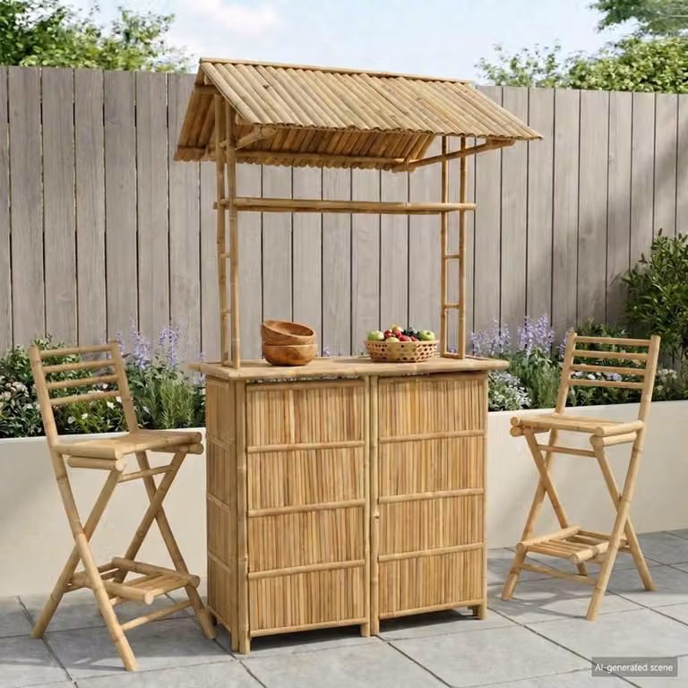 vidaXL Tavolo da bar da esterno in bambù naturale, colore beige/marrone, L: 115 cm, P: 95 cm, H: 214 cm