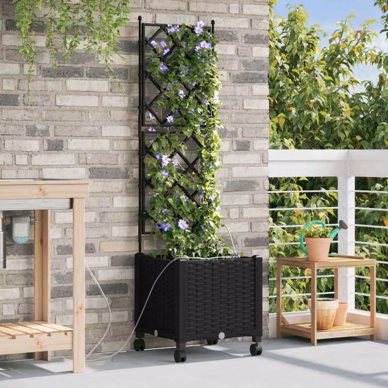 vidaXL Vaso da Giardino con Irrigazione e Ruote Nero L/P/H: 40 x 40 x 148 cm