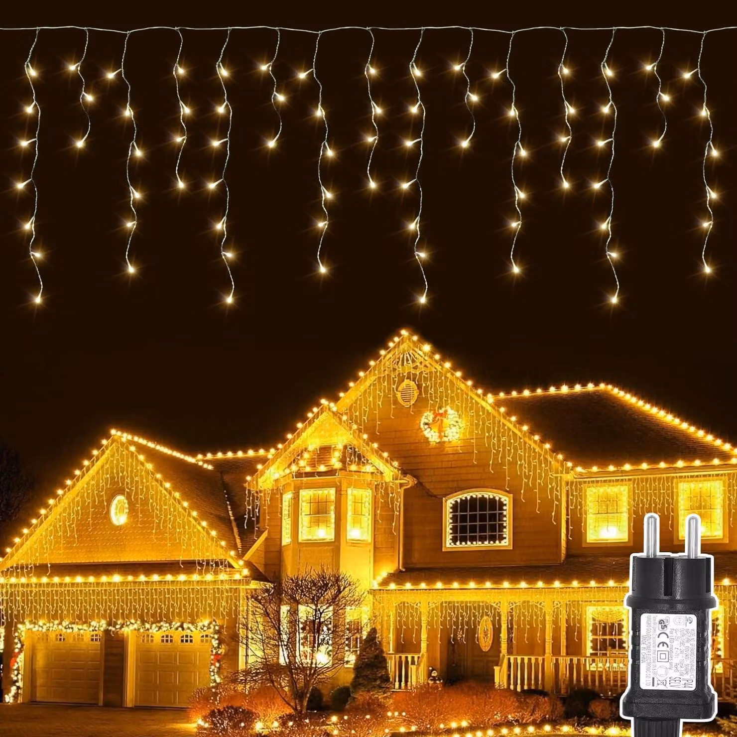 Tenda luminosa con 400 LED, forma a goccia di ghiaccio, luce bianco caldo, grado di protezione IP44, lunghezza 20 metri