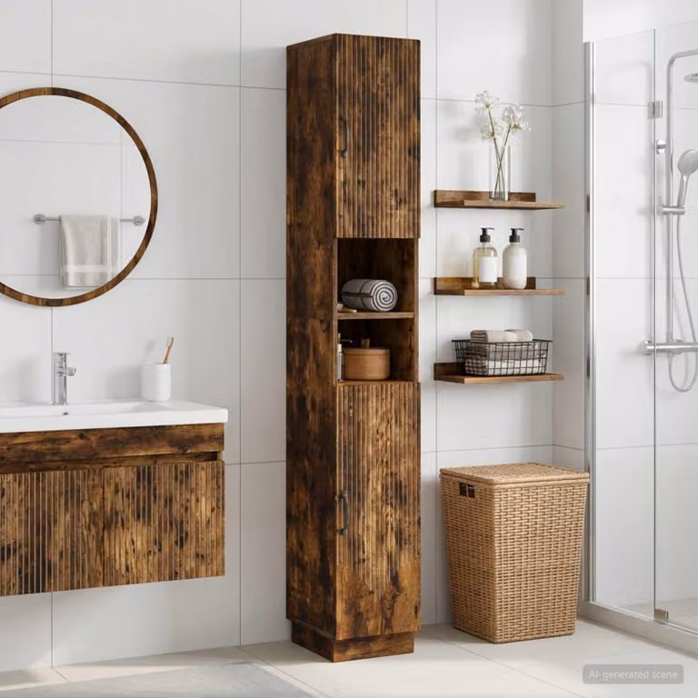 Armadio da Bagno Moderno vidaXL HOORN con Ripiano Aperto e Ante a Battente, Rovere Fumo e Nero, L/P/H: 60 x 31 x 187 cm