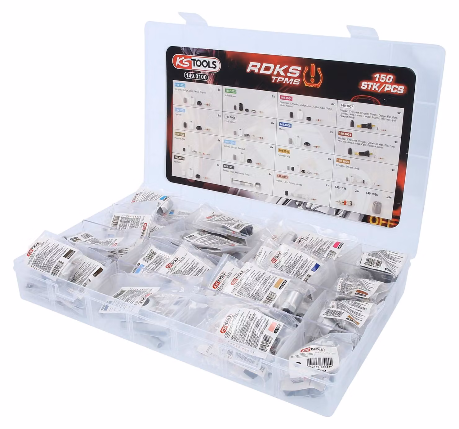 KS TOOLS Set di manutenzione TPMS per sistemi di monitoraggio della pressione degli pneumatici 150 pezzi - 149.0100