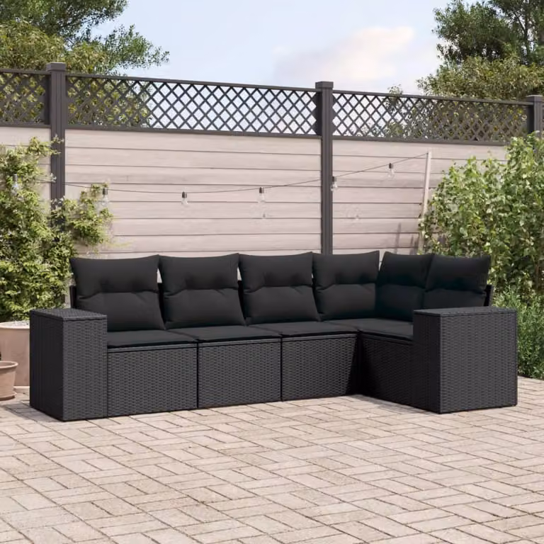 vidaXL Set Divani da Giardino a L 5 pz in Polyrattan Nero con Cuscini Imbottiti