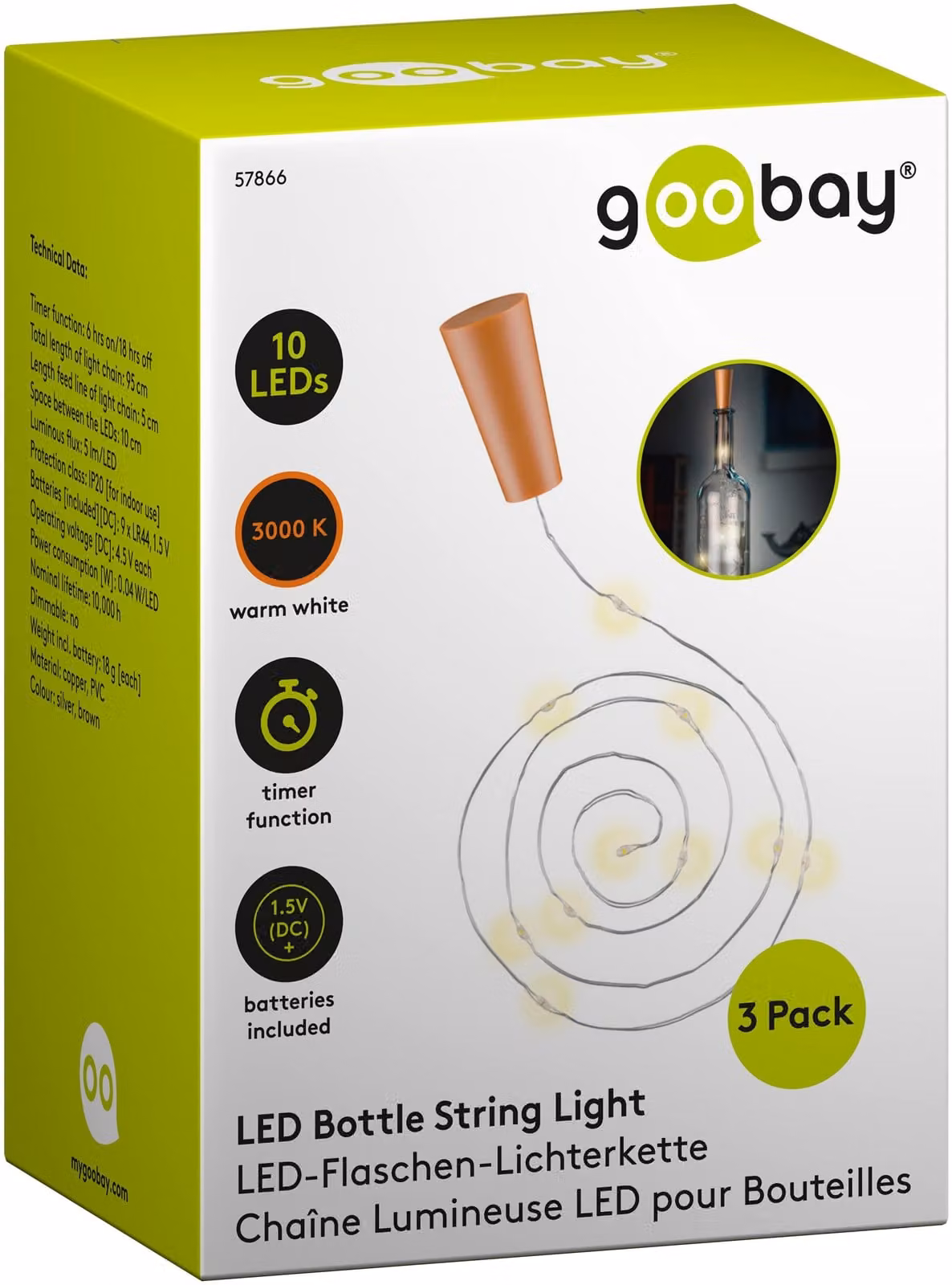 Catena luminosa a forma di bottiglia, set da 3, con 10 LED, lunghezza 1 metro, timer, luce bianco caldo, trasparente