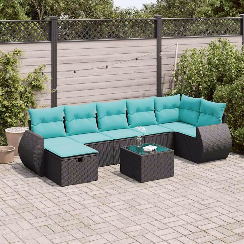 Set Divani da Giardino a L vidaXL in Polyrattan Nero con 8 Pezzi e Cuscini Inclusi