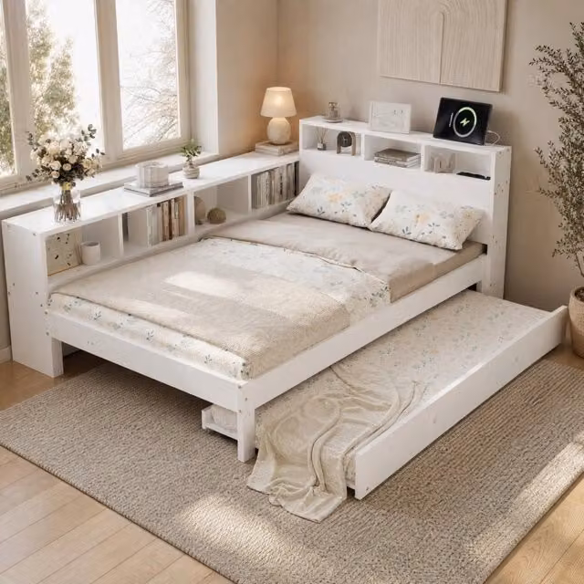 Letto in legno bianco 120x200 cm con letto estraibile 90x190 cm e scaffale laterale, montaggio flessibile e stazione di ricarica nel testiera