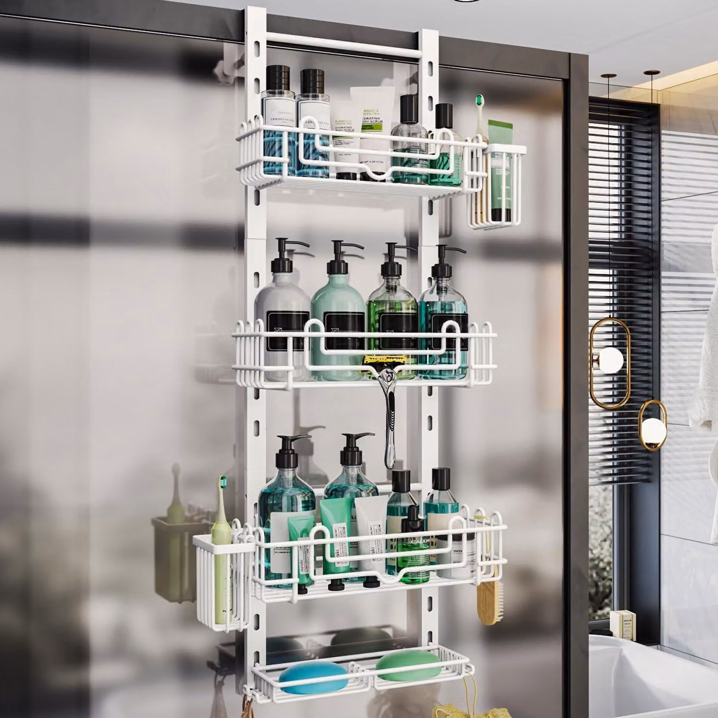 Organizzatore da doccia con 4 ripiani, da appendere, dotato di 22 ganci, 2 portaspazzolini, regolabile, colore bianco, ideale per il bagno