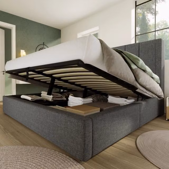 Letto matrimoniale imbottito 140 × 190 cm con vano contenitore e stazione di ricarica in lino grigio