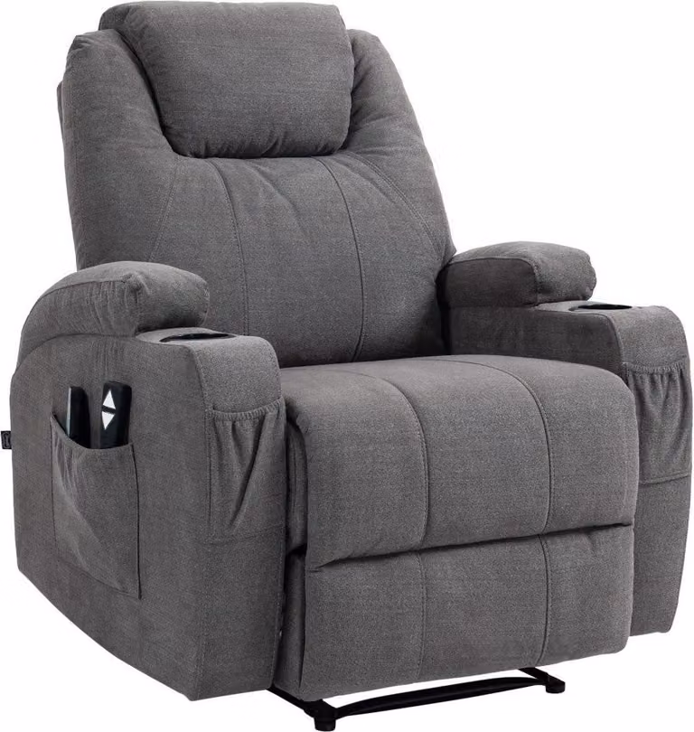 Lussuosa poltrona reclinabile con funzione massaggio - comoda poltrona con funzione di riscaldamento e portabicchieri. Materiale: Tessuto Colore: Grigio