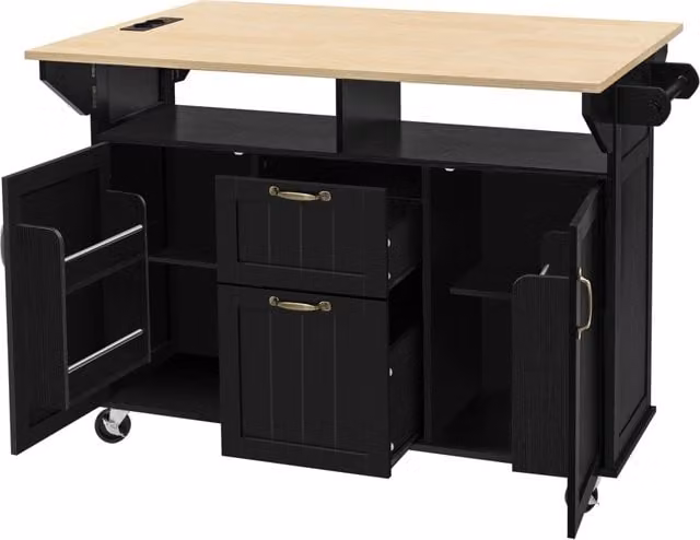 Isola Cucina Mobile con Ruote e Tavolo Estensibile; Piano Ribaltabile 120x40-80 cm; Cassetti; Porta Asciugamani e Prese Integrate Nero